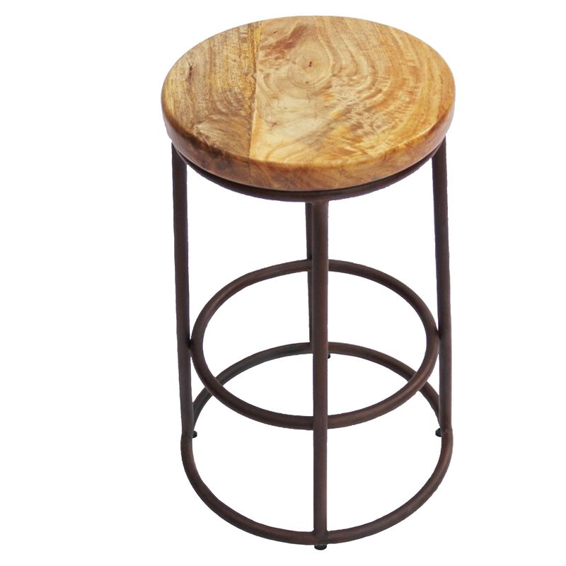 24 Inch Mango Wood Counter Height Barstool With Iron Base, Brown And Black-Benzara