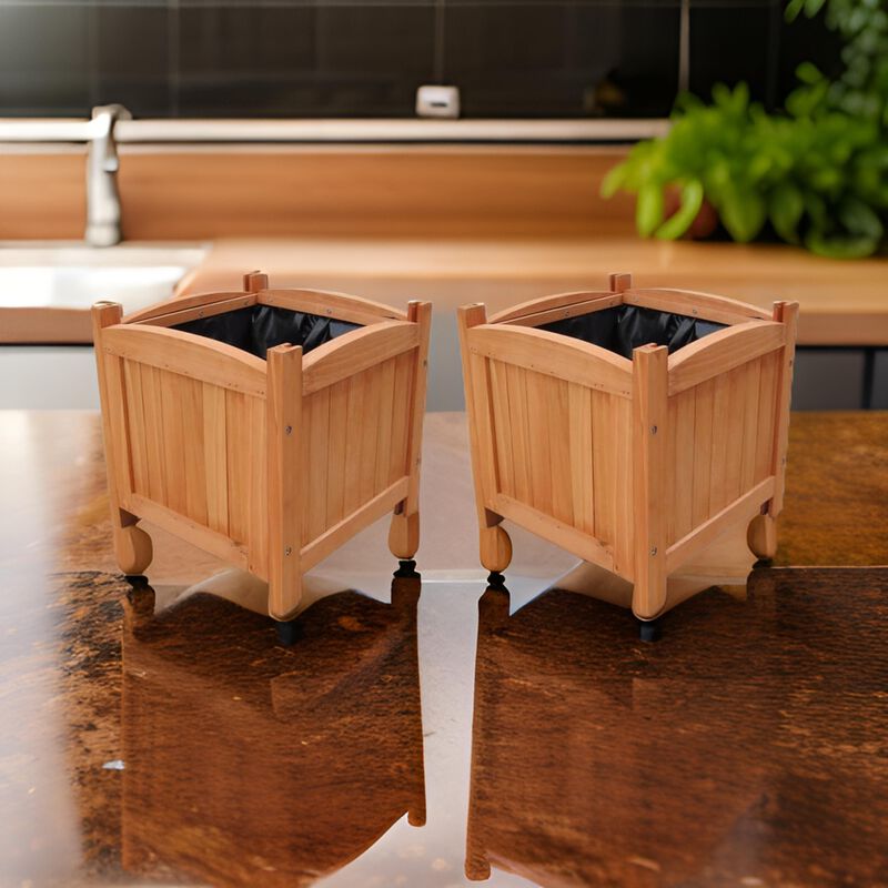 Outdoor Planter Set of 2, 12 Inch Square Natural Brown Solid Wood - Benzara