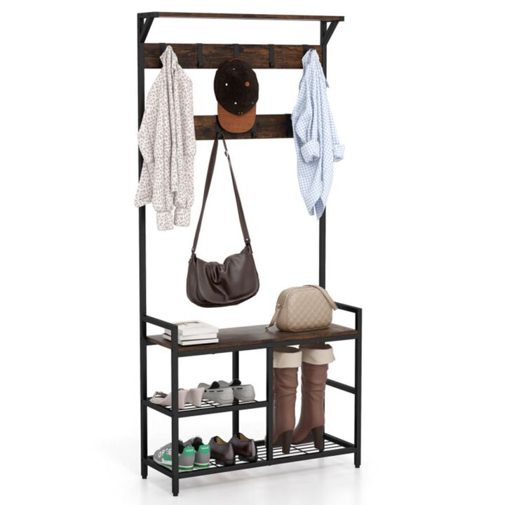 Hivvago 71 Inch Freestanding Hall Tree with Shoe Bench and 9 Removable Hooks