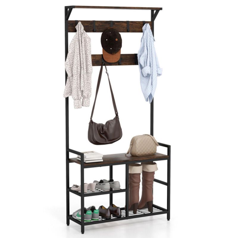 Hivvago 71 Inch Freestanding Hall Tree with Shoe Bench and 9 Removable Hooks