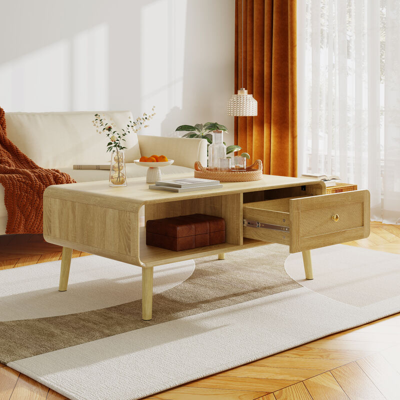 FUFU&GAGA Mid-Century Coffee Table with Storage, Wooden Center Table with Drawer & Open Shelf, (39.4" W x 17.9" H x 23.6" D), Natural Oak