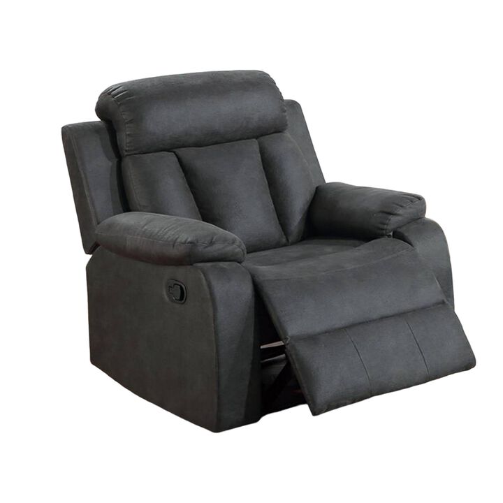 Corie Manual Recliner Chair, Pillow Cushioned, Dark Gray Faux Leather - Benzara