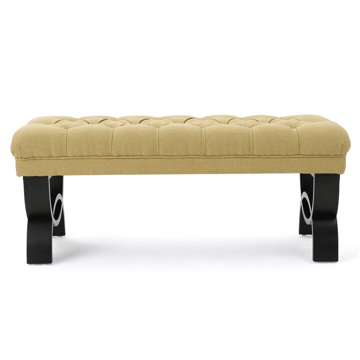 Riam Ottoman Bench, 41 Inch, Button Tufted, Yellow, Half Circle Legs - Benzara