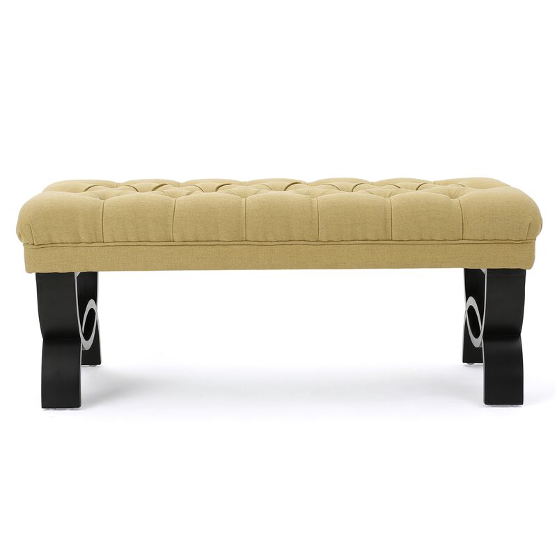 Riam Ottoman Bench, 41 Inch, Button Tufted, Yellow, Half Circle Legs - Benzara