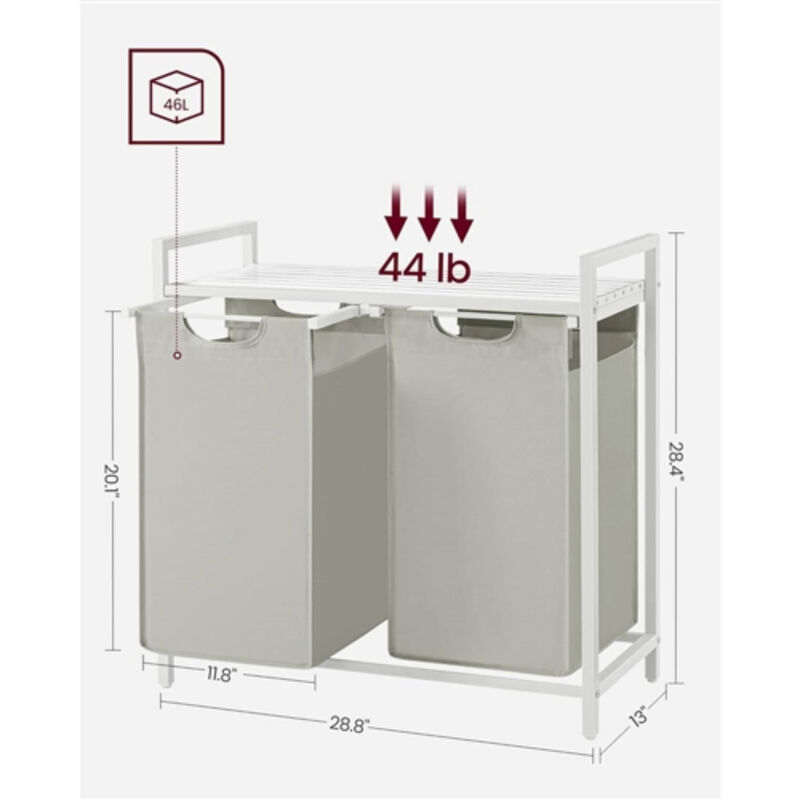2-Basket Laundry Hamper Sorter With Removable Bags and Top Storage Shelf