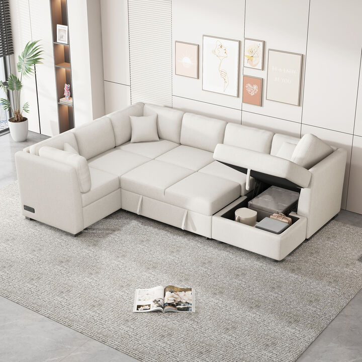 Merax U-shaped Sectional Sofa Pull Out Sofa Bed with 2 USB Ports
