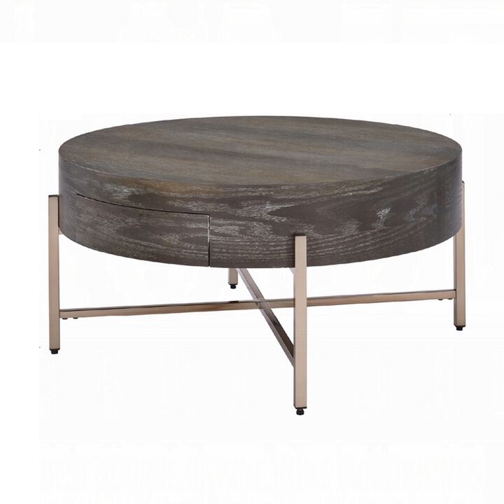 1 Drawer Round Modern Coffee Table with Crossed Metal Legs, Brown and Gold-Benzara