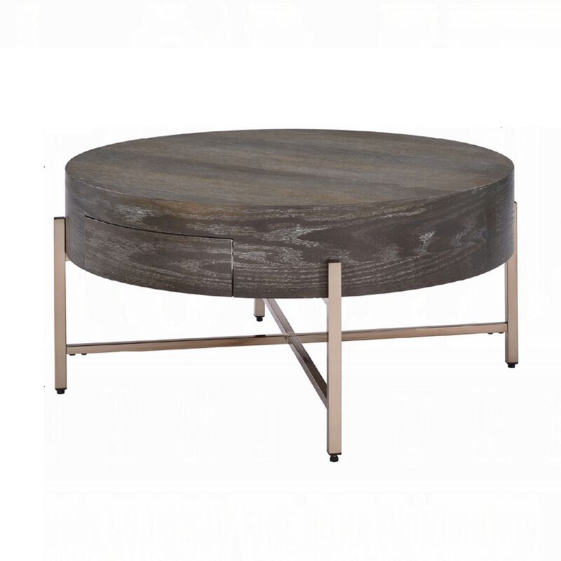 1 Drawer Round Modern Coffee Table with Crossed Metal Legs, Brown and Gold-Benzara