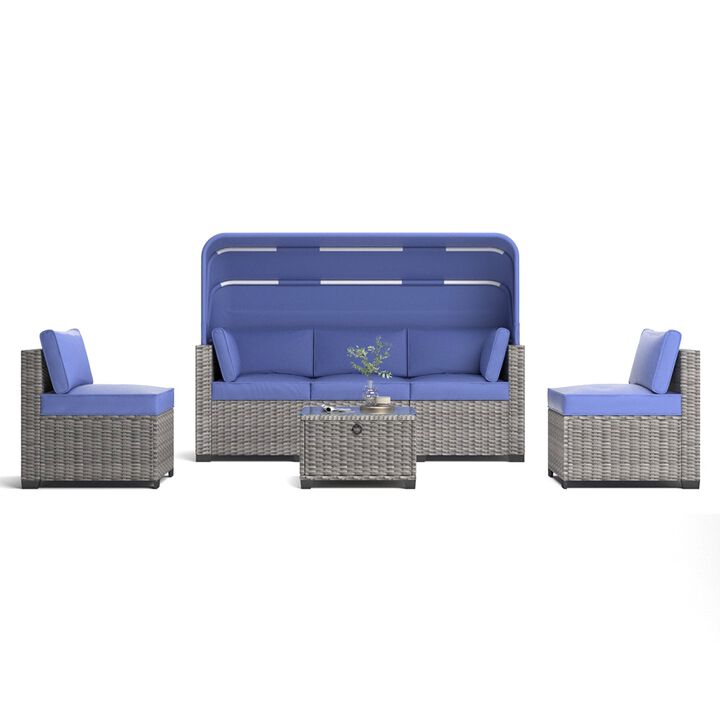 Mondawe 6 Pieces Patio Furniture Sets, Outdoor Rattan Daybed with Retractable Canopy, Outdoor Sectional Sofa Set with Adjustable Backrest, Chaise Chair Sunbed for Garden Poolside Backyard