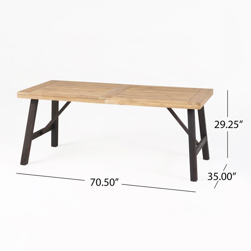 Wren Outdoor Dining Table, Rectangular 71 Inch, Brown and Black Wood - Benzara