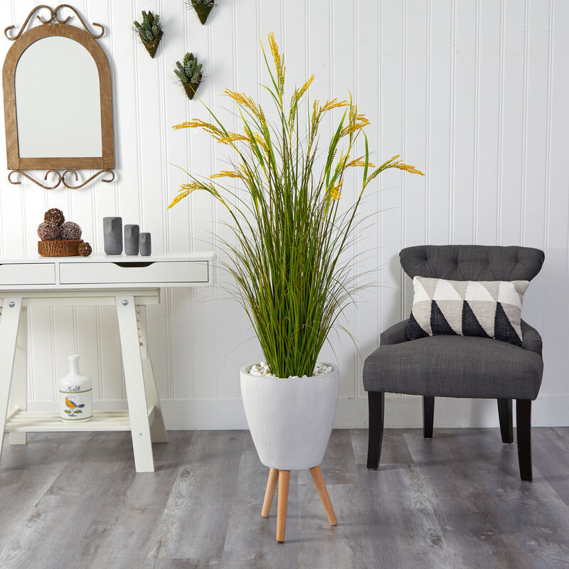 Hivvago 5" Wheat Grain Artificial Plant in White Planter with Legs