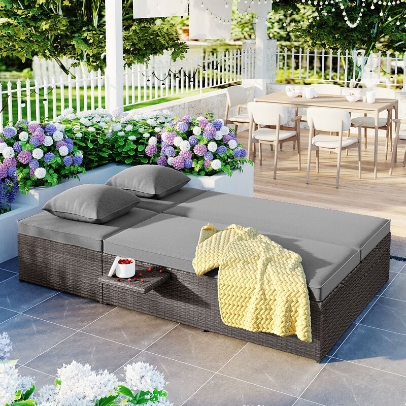 MONDAWE Outdoor Double Sunbed, Wicker Rattan Patio Reclining Chairs with Adjustable Backrest and Seat, Conversational Set