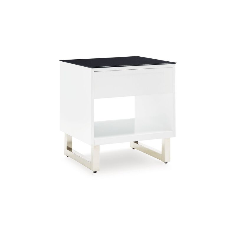 Tonny Side End Table, Drawer and Shelf, Black Glass, White, 22 Inch - Benzara