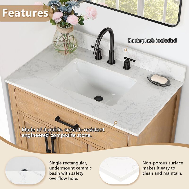 Altair Ceres 37 in. Engineered Stone Vanity Top in Grain White with Single White Sink
