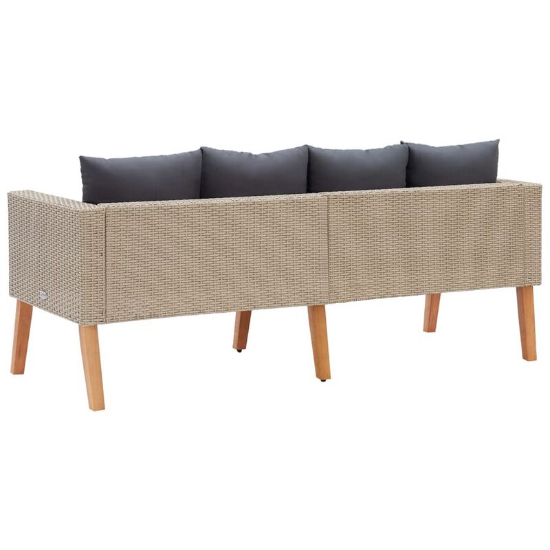 Outdoor Sofa, Beige Rattan, Gray Fabric Cushions, Brown Wood, 65 Inch - Benzara