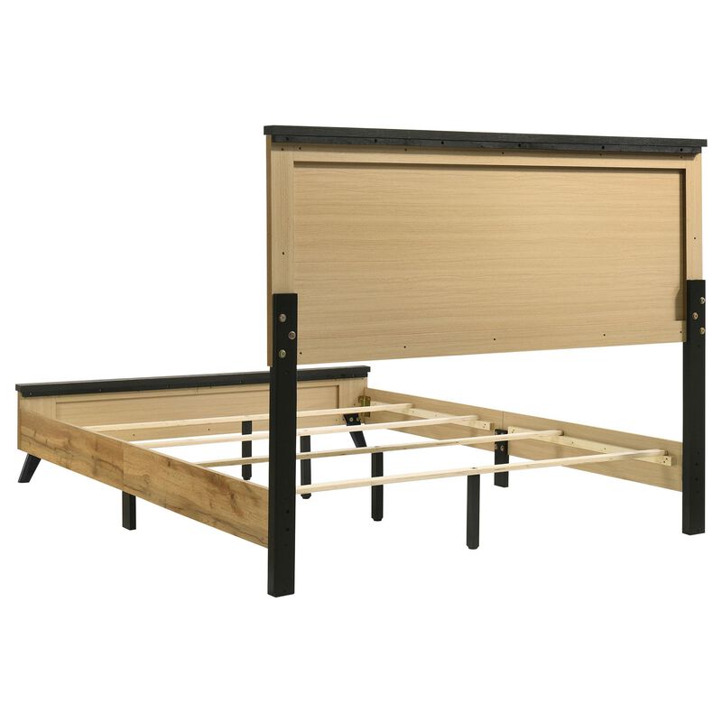 Wemy Queen Size Bed, Tall Panel Headboard, Natural Brown Pine Finish - Benzara
