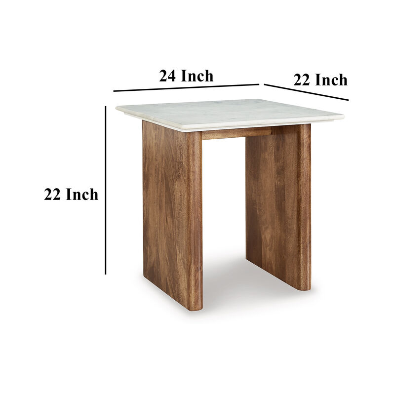 Wrenn Side End Table, Marble Top, 24 Inch Rectangular Brown Mango Wood - Benzara