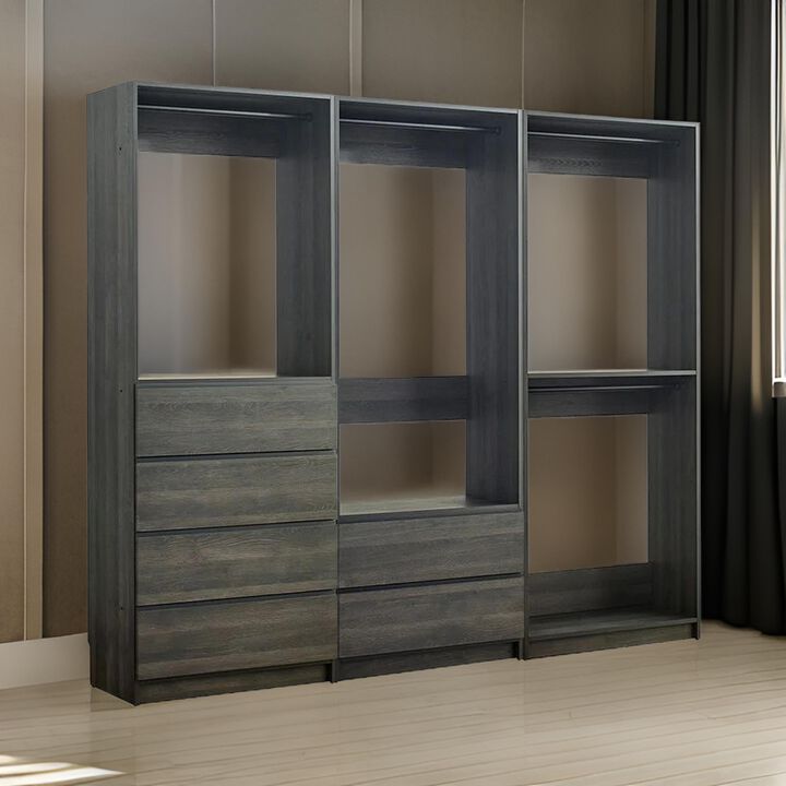 Dee Modular Closet System, 4 Hanging Rods, 6 Drawers, Dark Gray Wood - Benzara