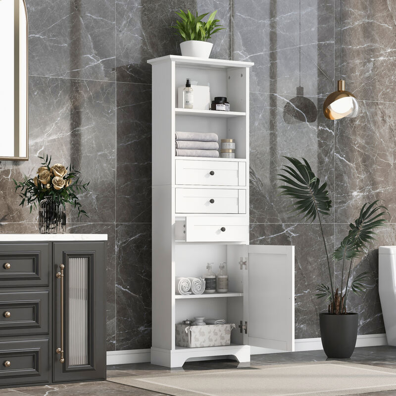 White Tall Storage Cabinet with 3 Drawers and Adjustable Shelves