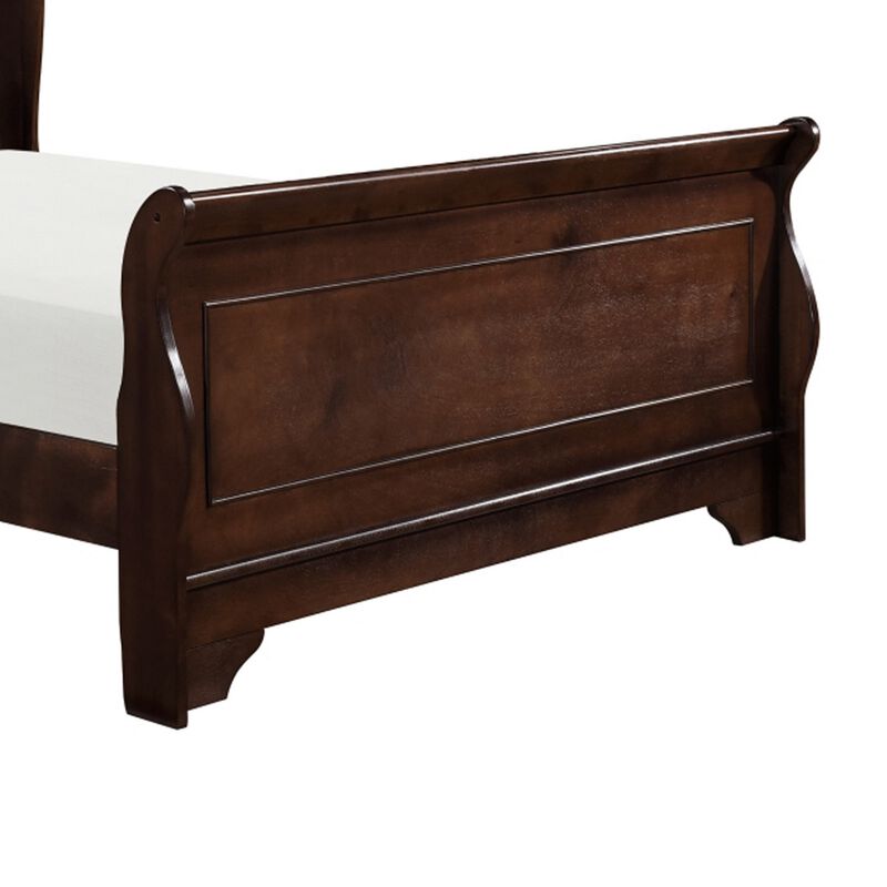 Transitional Queen Sleigh Style Bed, Dark Wood Frame, Cherry Brown Finish-Benzara