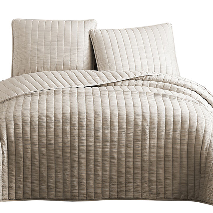 3 Piece Crinkle Queen Size Coverlet Set with Vertical Stitching, Pink-Benzara