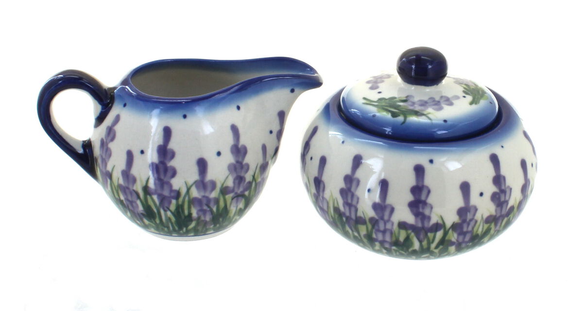 Blue Rose Polish Pottery Spring Butterfly Sugar Bowl & Creamer Set