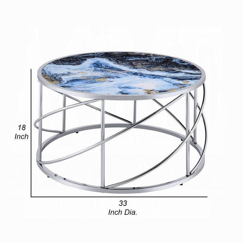 Shira Round Coffee Table, 33 Inch, Open Chrome Base, Blue Faux Marble - Benzara