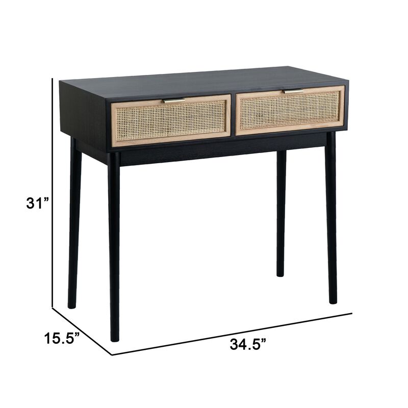 Ela 35 Inch 2 Drawer Wood Console Table, Woven Rattan Panels, Brown, Black - Benzara