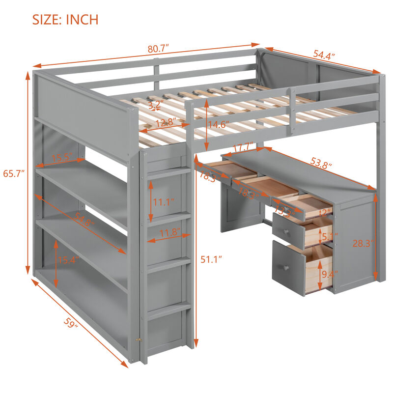 Full Size Loft Bed With Ladder, Shelves, And Desk
