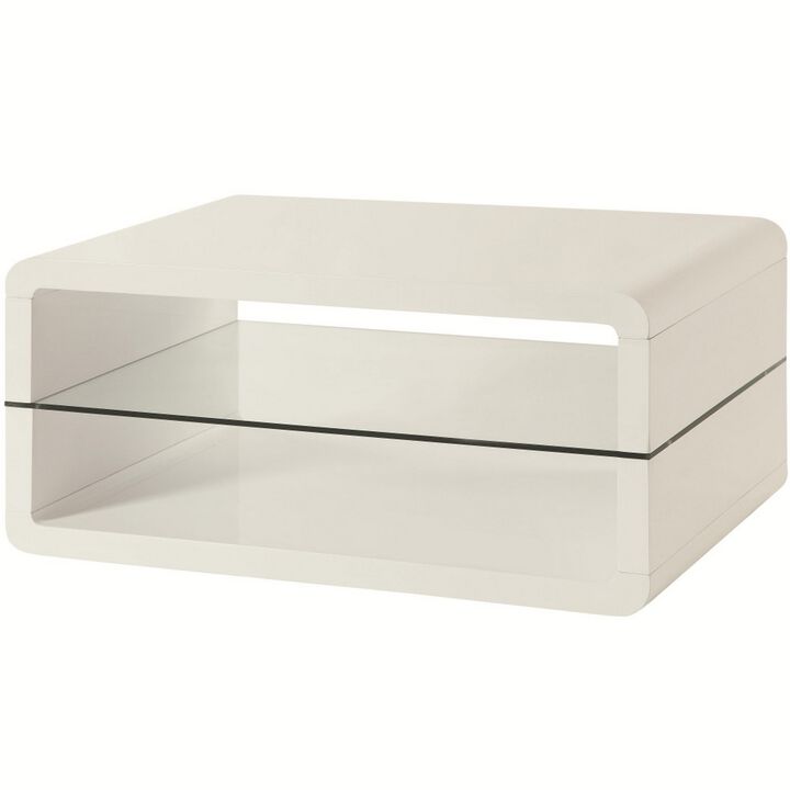 Modern Coffee Table With Rounded Corners & Clear Tempered Glass Shelf, White-Benzara