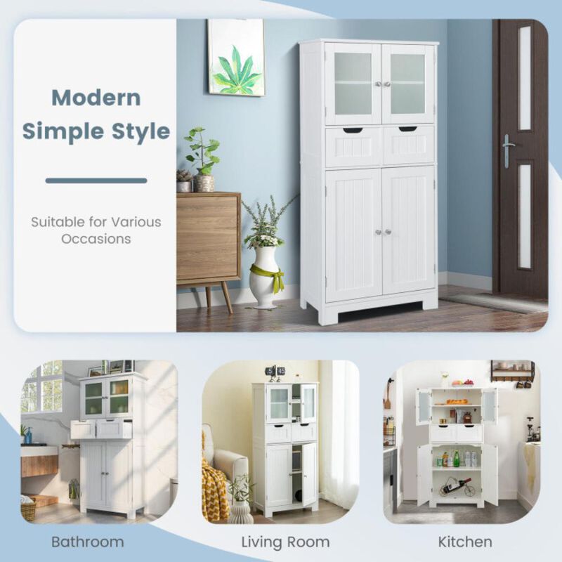 Hivvago 3 Tier Freee-Standing Bathroom Cabinet with 2 Drawers and Glass Doors-White