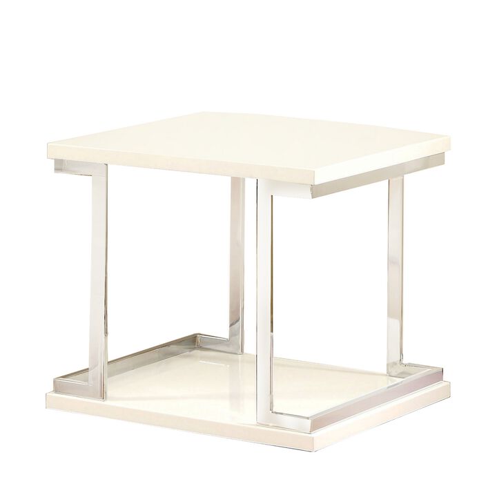 Contemporary End Table with C Shaped Metal Frame, Silver and White-Benzara