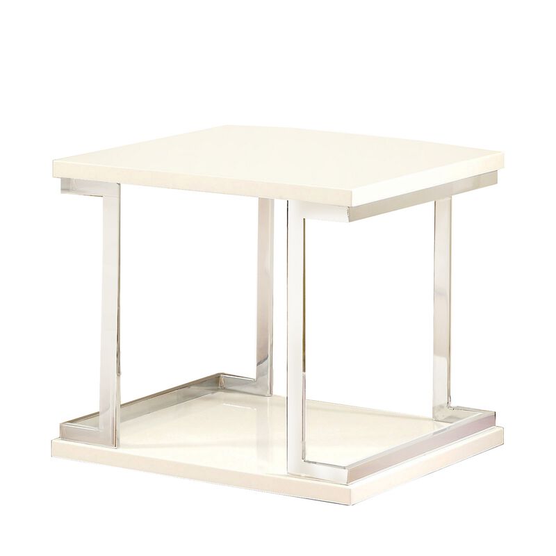 Contemporary End Table with C Shaped Metal Frame, Silver and White-Benzara