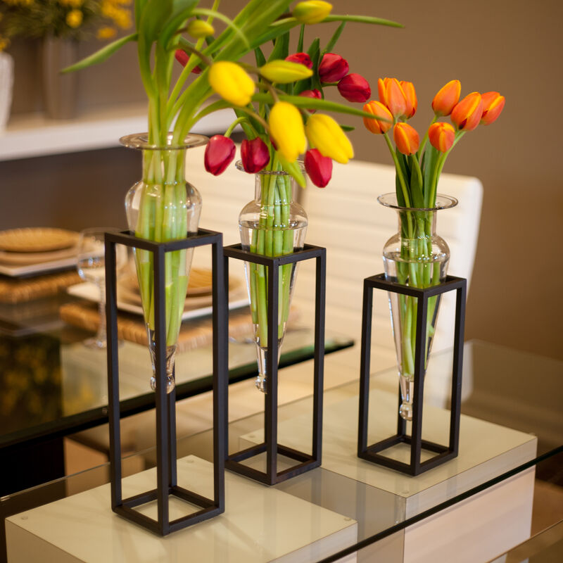 Set of 3 Amphorae Vases on Square Tubing Metal Stands