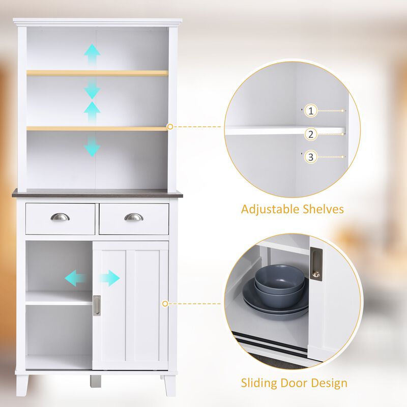 White Kitchen Storage: Cupboard Hutch with Sliding Doors and Drawers