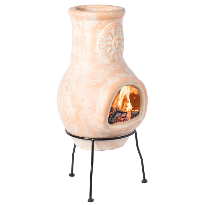 Beige Outdoor Clay Chimney Outdoor Fireplace Sun Design Charcoal Burning Fire Pit with Sturdy Metal Stand, Barbecue, Cocktail Party, Family Gathering, Cozy Nights Fire Pit