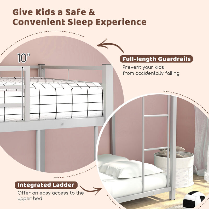 Low Profile Twin Over Twin Metal Bunk Bed with Full-Length Guardrails for Kids Room