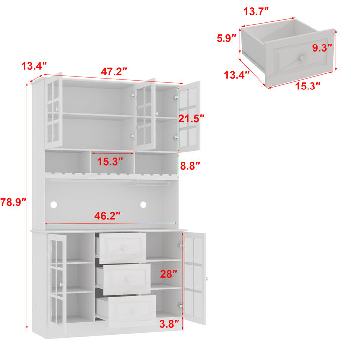 White Wooden Sideboard, Food Pantry, Storage Cabinet with 3 Drawers, 13 Shelves and Wine Rack