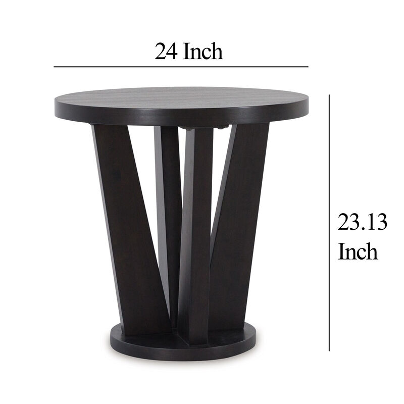 Chloe Side End Table, 24 Inch Round, Angled Pedestal Base, Dark Brown - Benzara