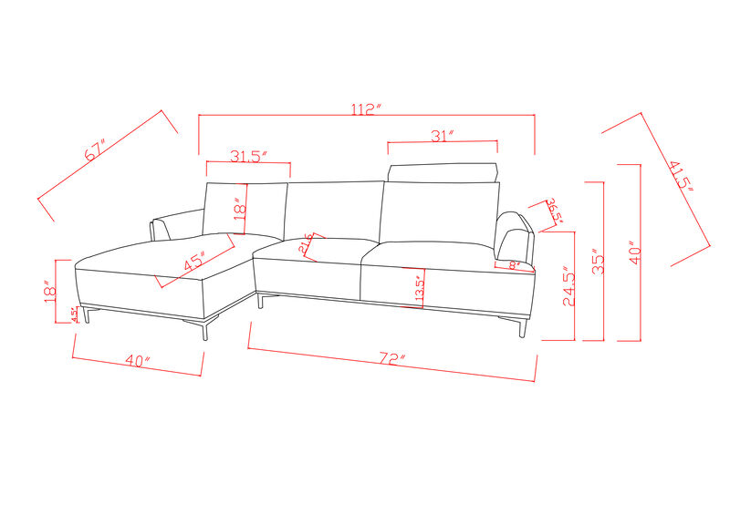 Pasargad Home Modern Lucca Sectional Sofa with Push Back Functional, Right Facing Chaise, Beige