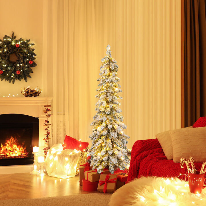 Pre-Lit Artificial Christmas Tree Snow-Flocked Slim Pencil Xmas Decor