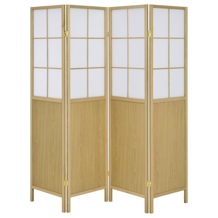 4 Panel Screen Room Divider, Foldable Design, Natural Brown 70 Inch - Benzara