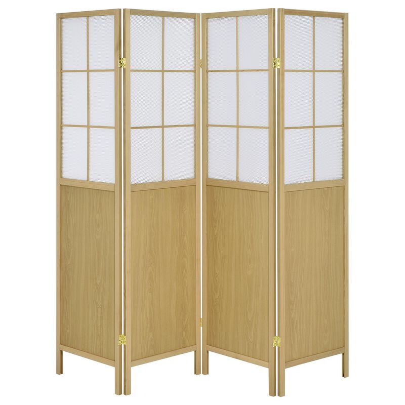 4 Panel Screen Room Divider, Foldable Design, Natural Brown 70 Inch - Benzara