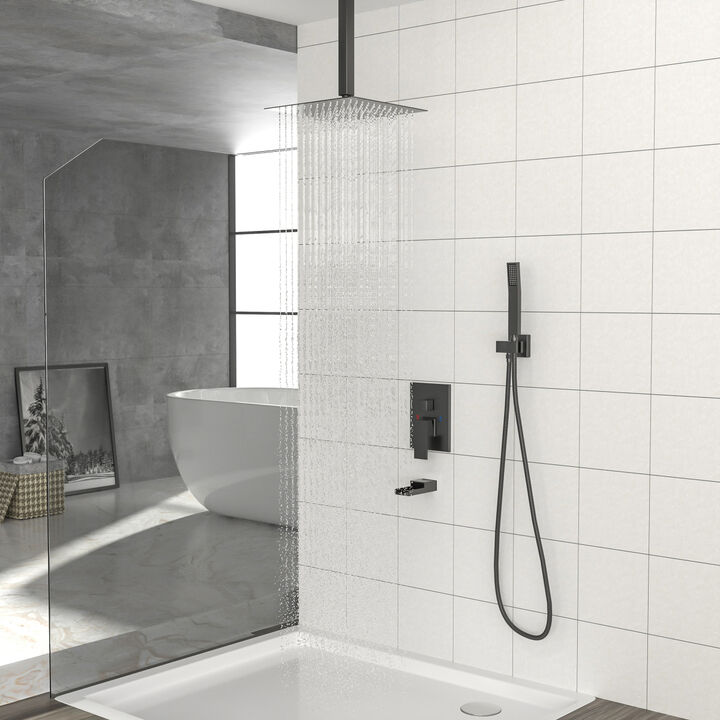 16" Rain Shower Head Systems With Waterfall Tub Spout, Matte, Ceiling Mounted Shower