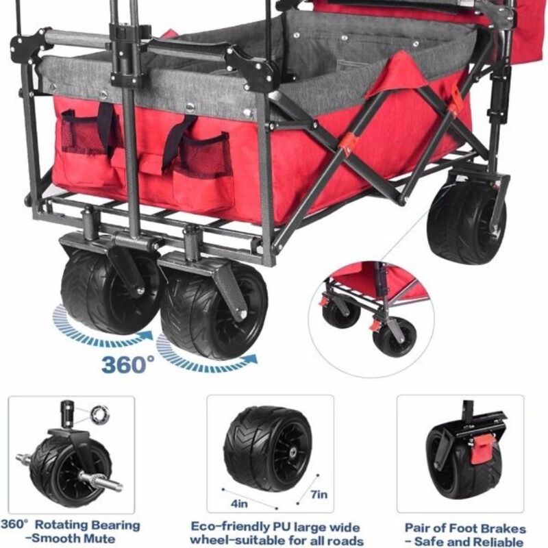 Collapsible Heavy Duty Wagon Cart, Folding Outdoor Cart with Removable Canopy for Beach & Camping