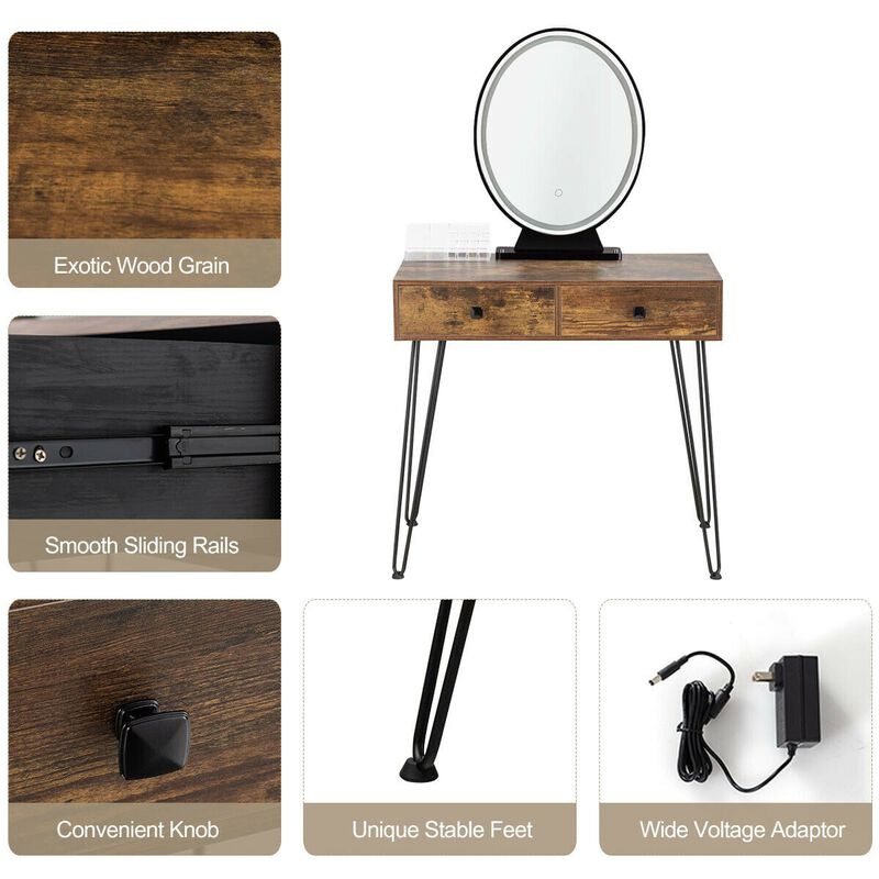 Industrial Makeup Dressing Table with 3 Lighting Modes-Rustic Brown
