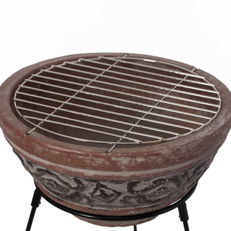 Outdoor Small Red and Gray Clay Grill Accent Design Charcoal Burning Fire Pit with Sturdy Metal Stand, Barbecue, Cocktail Party, Family Gathering, Cozy Nights Fire Pit