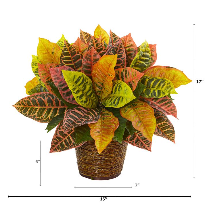 Hivvago 17" Garden Croton Artificial Plant in Basket (Real Touch)