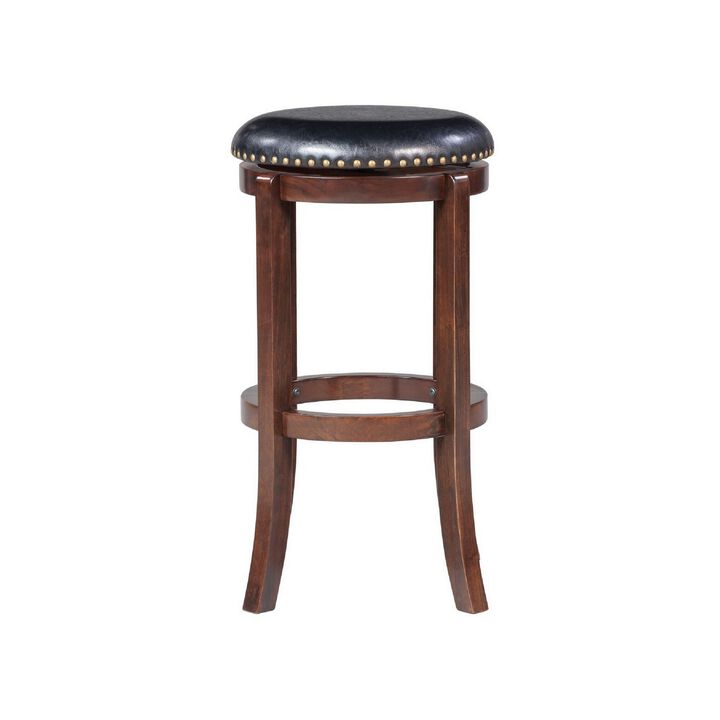 Ovi 29 Inch Swivel Bar Stool, Nailhead Trim, Walnut Brown, Faux Leather-Benzara