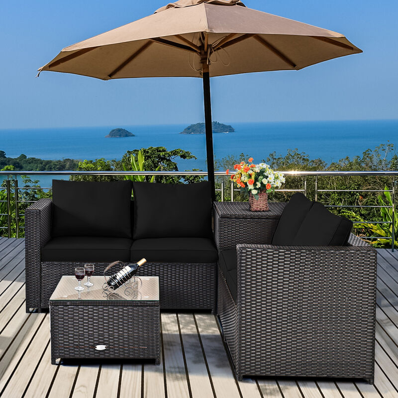 4 Pieces Outdoor Patio Rattan Furniture Set with Cushioned Loveseat and Storage Box